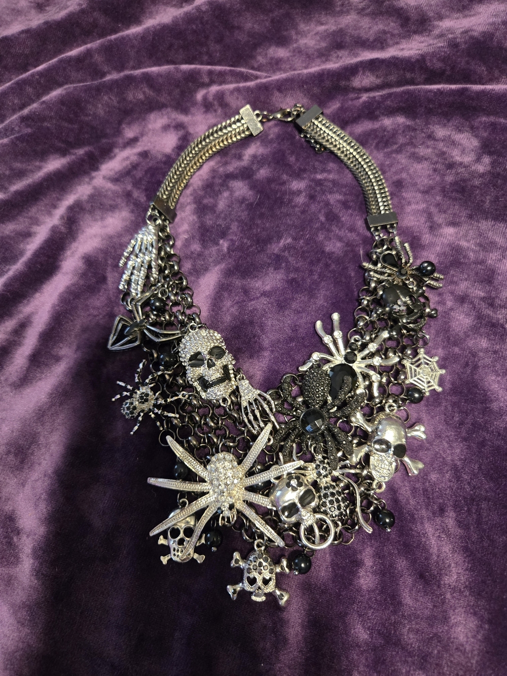 Silver Tone Gothic Skull & Spider Statement Necklace - Black Accents